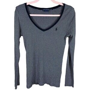 Ralph Lauren Sport Women's Striped Long Sleeve‎ Shirt V-Neck Size Medium Navy